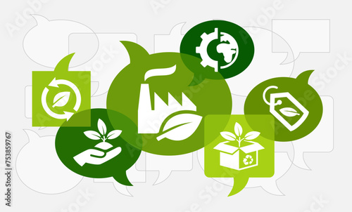 green company / production / factory vector illustration. concept with icons on environmentally friendly company / sustainable business processes, packaging or eco product / ecological manufacturing.