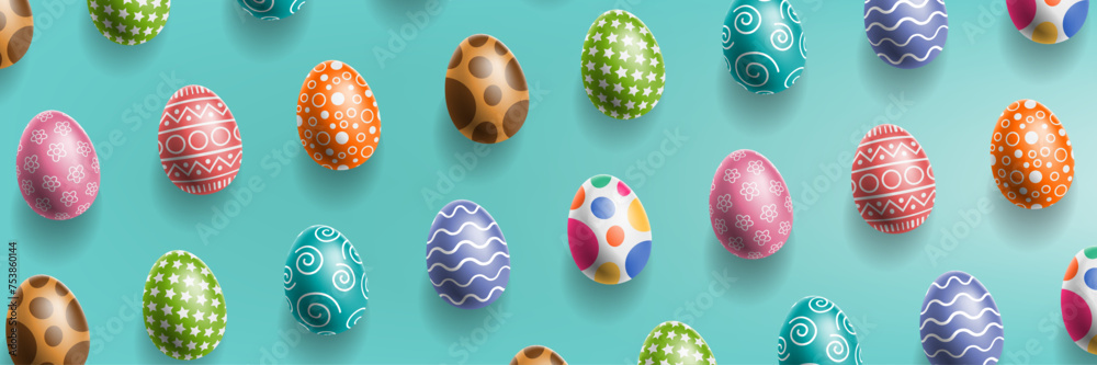 Fototapeta premium Easter banner template with colorful Easter eggs. Promotion and shopping template for Easter. Vector illustration background.