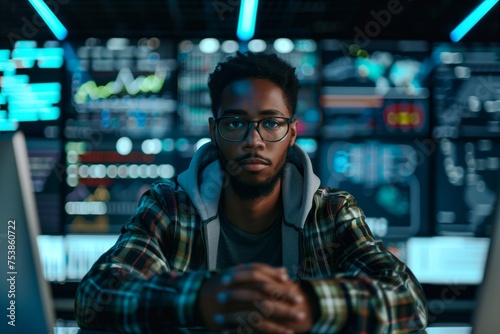 a young cybersecurity expert sitting in front monitors showing a safe and secure business network