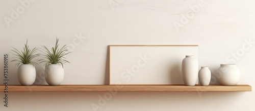 Three vases are neatly displayed on a wooden shelf against a neutral wall. The vases vary in size and shape, adding a touch of decoration to the space.