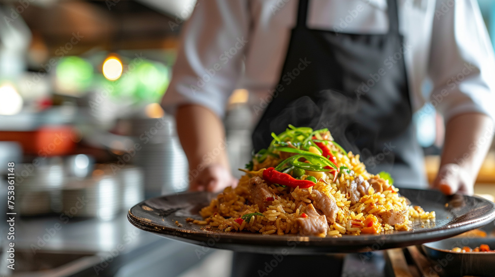 Chinese Cuisine, Fried Rice, with copy space , Waiter serving in motion on duty in restaurant. The waiter carries dishes Chinese Cuisine, Fried Rice, with copy space , Waiter serving in motion on duty in restaurant. The waiter carries dishes