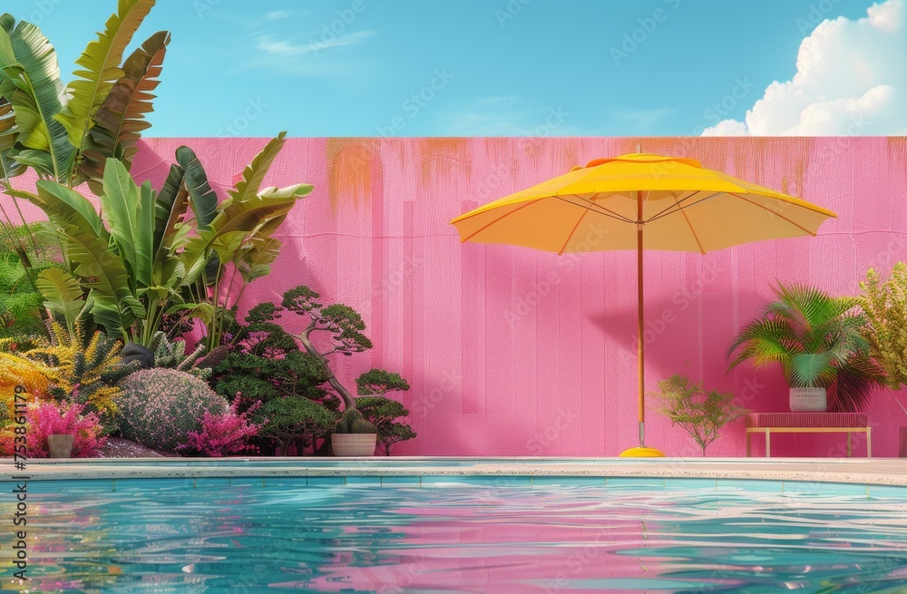 Pool With Yellow Umbrella and Pink Wall