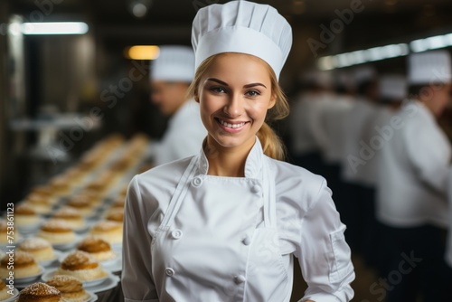 Portrait of a professional female chef preparing and baking delicious cakes in a modern kitchen