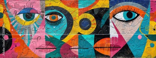 Eclectic street mural showcasing a variety of stylized eyes on a textured, multicolored background, reflecting a unique and whimsical artistic vision.