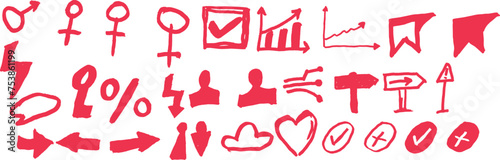 Hand-drawn icons, green doodles, business symbols, arrows charts graphs, percentages check marks, cloud heart lightning bolt, simple shapes, sketchy style, whiteboard markers, infographic elements	