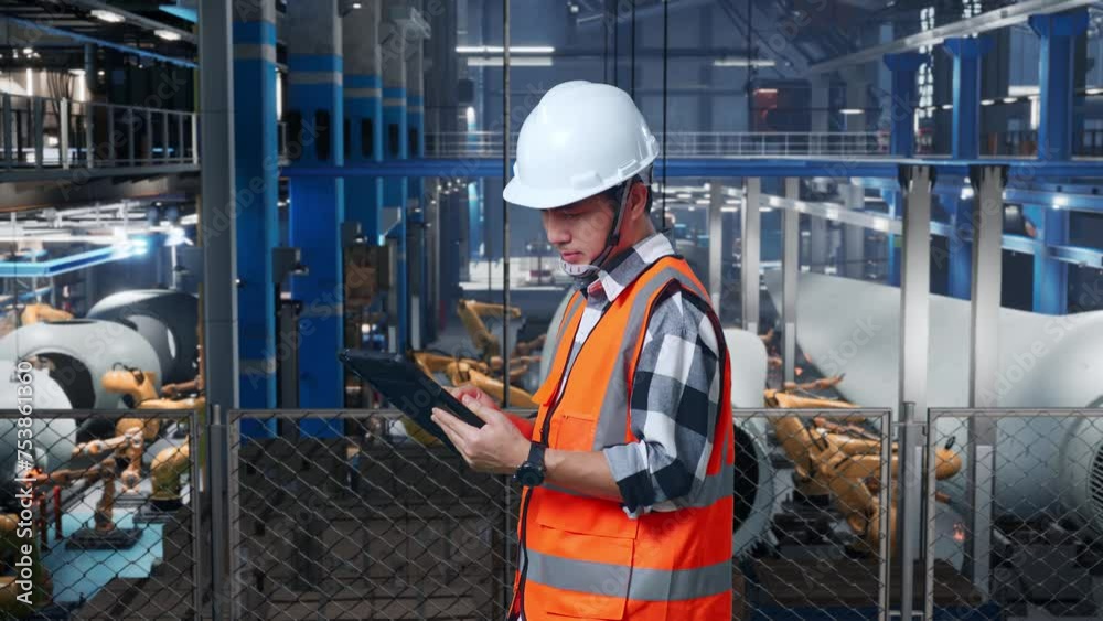 Side View Of Asian Male Engineer With Safety Helmet Working On A Tablet While Standing In Factory Manufacture of Wind Turbines