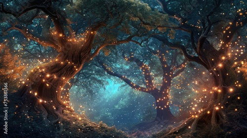 An ethereal twilight scene in a mystical forest, with trees adorned by warm glowing lights and a carpet of blue flowers under a starry sky. Resplendent.