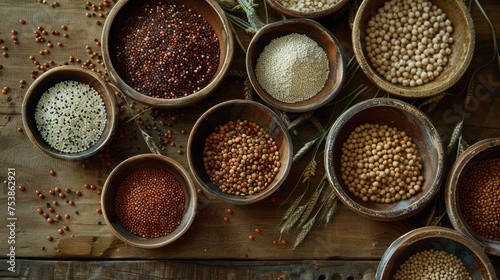 An artistic arrangement of mixed grains and legumes, including quinoa, lentils, and chickpeas, displayed in small, rustic bowls on a wooden table. The composition focuses on the variety and the rich © rao zabi