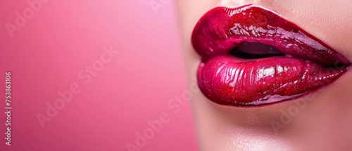 lips with lipstick perfekt close-up face of red mouth on pink backdrop with free empty space background  
