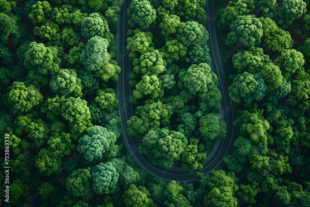 Aerial view of the mountain road in a green forest
