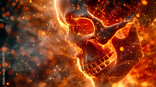 Glowing skull in an abstract fiery setting, symbolizing ideas of life and death