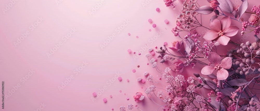 pink 3d flowers on empty  background with free space