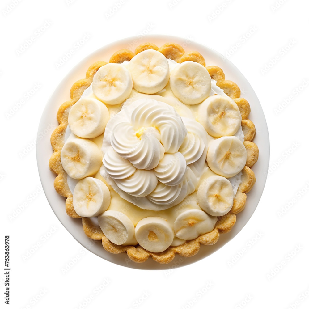 Banana pie with whipped cream on a transparent background. Top view. Banana pie with whipped cream on a transparent background. Top view.