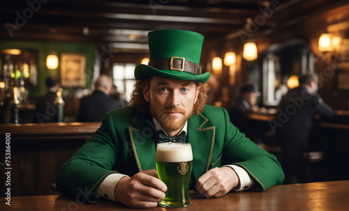 Handsome leprechaun drinks green beer in an old pub on st patrick's day. - Generative AI