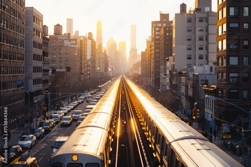 A photo of the New York City subway in front of buildings during golden hour Generative AI
