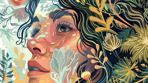 A colorful illustration of a woman s face intertwined with vibrant botanical elements