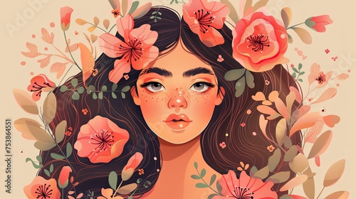 An illustrated portrait of a girl surrounded by a floral motif
