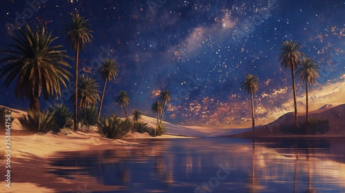 Oil painting of a tranquil desert oasis at night, clear, purple star-filled sky blankets. palm trees and pool of water, reflects the brilliant constellations above, cosmos. Peaceful desert.