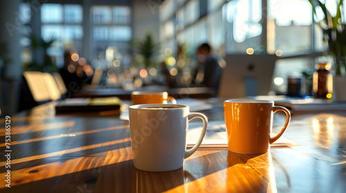 Coffee Cups on Company Table Amidst Workers photo