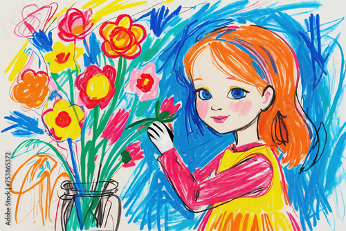 young girl with flowers kids wax crayon style drawing