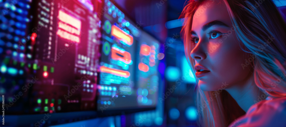 a cybersecurity business expert, looking at a red warning hacking alert light on a digital monitor covered in data and code