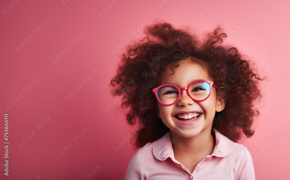 Smiling little curly girl in glasses, standing near pink background. Healthy smile concept.