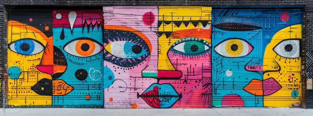 Colorful graffiti mural on urban wall, featuring abstract eyes and faces with eclectic designs.