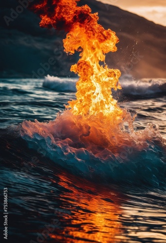 illustration, exploring dynamic contrast fiery flames cool water captivating visual composition, Captivating, Visual, Composition, Dramatic, Contrast, photo