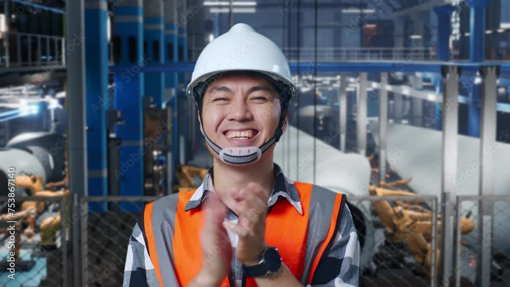 Close Up Of Asian Male Engineer With Safety Helmet Standing In Factory Manufacture of Wind Turbines. Smiling To The Camera And Clapping Hands While Robotic Arm Working Close Up Of Asian Male Engineer With Safety Helmet Standing In Factory Manufacture of Wind Turbines. Smiling To The Camera And Clapping Hands While Robotic Arm Working