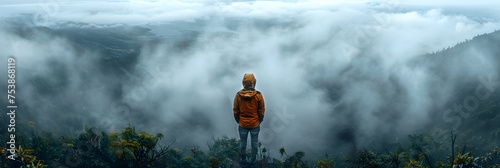 Man Standing in Front of a Sea of Fog in the Jungle, Backpacker alone man at high peak mountain adventure outdoor nature inspiration background © Touqeer