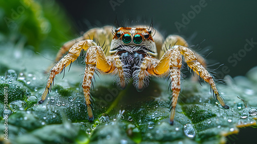 Beautiful spider on green leaf close up detailed