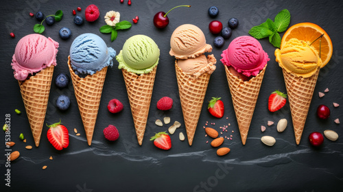 Variety of ice cream in waffle cones. Various flavors of ice cream scoops on a dark stone background. The concept of freshness, summer, sweet.