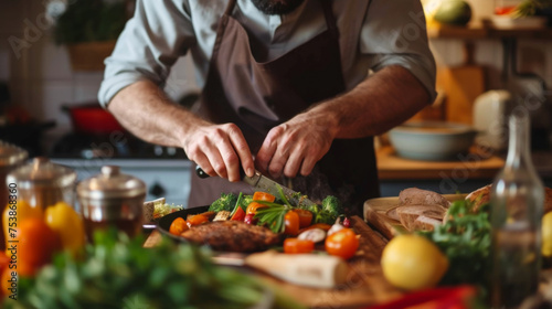 Close-up of male hands preparing lunch or dinner in the kitchen. Young man preparing delicious food at home. Cooking concept, lifestyle.