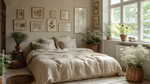Flowers on a wooden stool and pouffe in white bedroom interior with posters above the bed.  photo