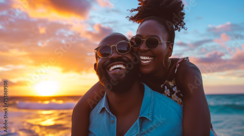 Portrait of an African American couple having fun on the beach near the ocean at sunset. Black couple laughs and hugs on vacation, on their honeymoon. Time together concept. Active lifestyle. © Alina Tymofieieva