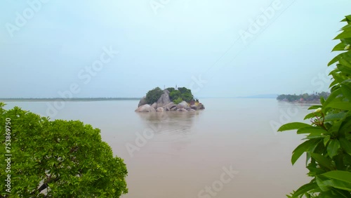 Aerial drone view of Kahalgaon, Temple located on the island, Situated in Bihar, India photo