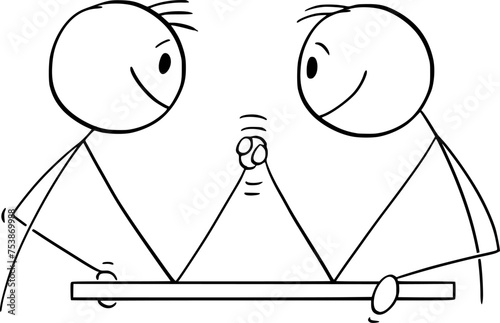 Arm Wrestling Between Two Men, Vector Cartoon Stick Figure Illustration