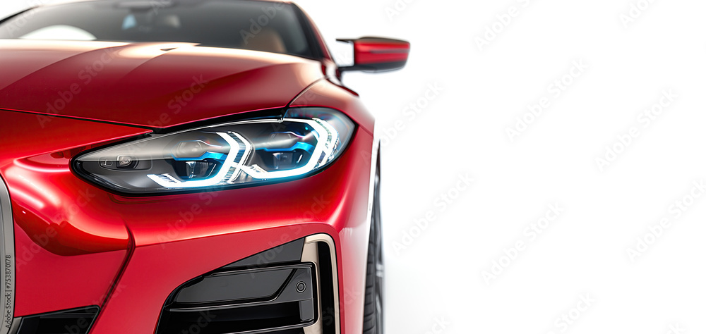 Closeup on the headlight of a generic and unbranded red car on a white background