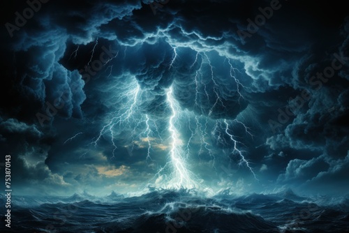 Lightning strikes illuminating storm clouds above a body of water