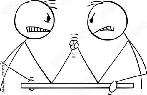 Arm Wrestling Between Two Men, Vector Cartoon Stick Figure Illustration