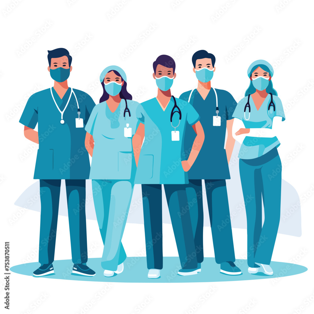 Nurses in protective masks and uniforms women and men