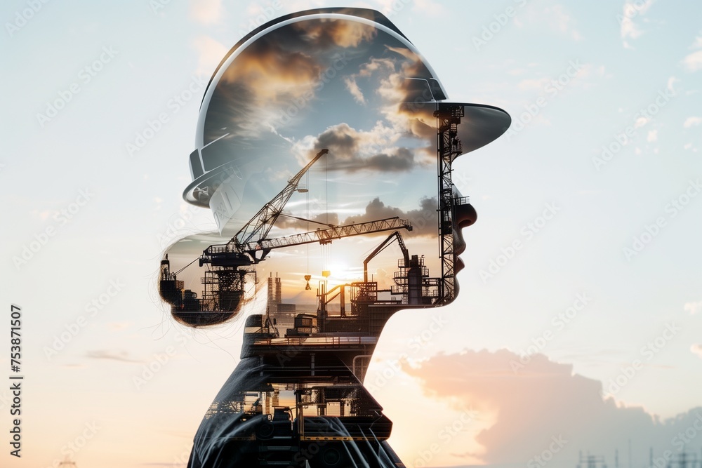 A powerful double exposure portrait of a worker wearing a safety helmet, with ghostly images of a bustling factory, a towering crane, and a heavy-duty truck seamlessly integrated into his silhouette. A powerful double exposure portrait of a worker wearing a safety helmet, with ghostly images of a bustling factory, a towering crane, and a heavy-duty truck seamlessly integrated into his silhouette.