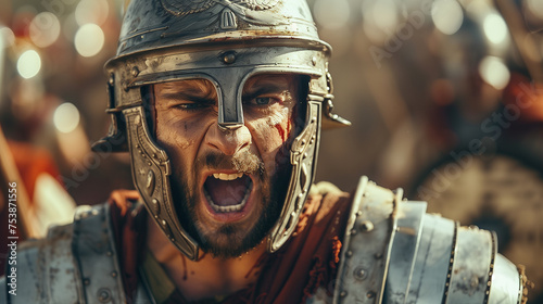 Closeup of Roman army soldier yelling to attack on the battlefield.  photo
