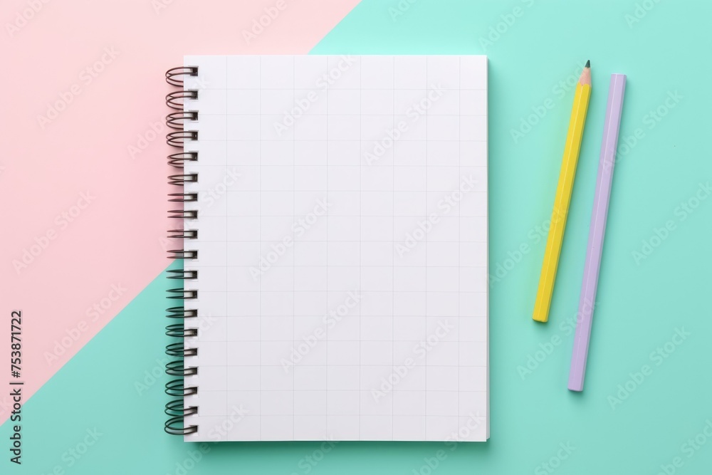 WHITE sheet of notebook and pencil mockup. pastel background. List, notes, daily routine. notebook WHITE sheet of notebook and pencil mockup. pastel background. List, notes, daily routine. notebook