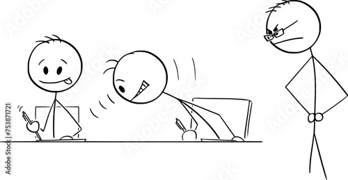 Student Copying During Examination at School, Vector Cartoon Stick Figure Illustration