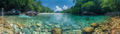 panoraman view of clear water at watershed forest, beautiful nature banner background photo