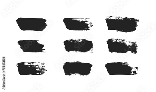 Black paint stains set. Ink grunge strokes with rough texture isolated on white background.