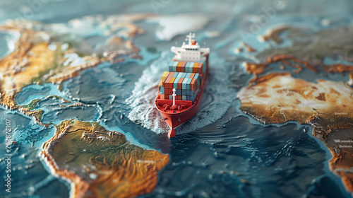 Container Ship Model in Middle of Atlantic Ocean, World Map Style, Transatlantic Transportation and Freight Shipping or Logistics Concept Image with Copy Space photo