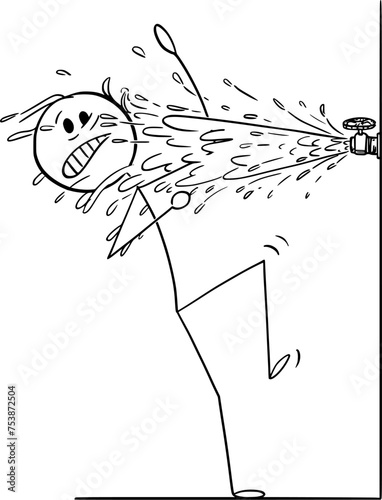 Broken Water Pipe, Vector Cartoon Stick Figure Illustration