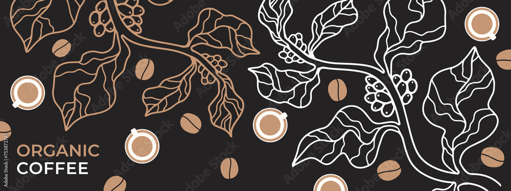 Naklejka premium Coffee design banner template. Vector abstract colorful drawing of coffee tree, coffee cup and coffee beans with abstract elements.